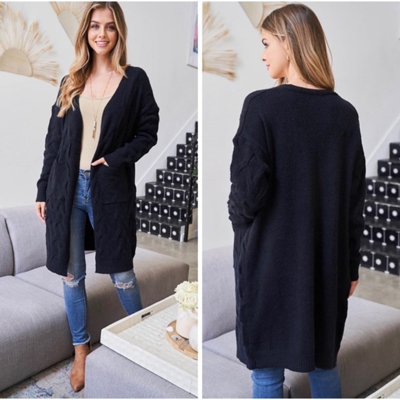 1 LEFT! Open Front Long Sleeve Soft Tight Knit Black Women's Cardigan - Picture 3 of 12